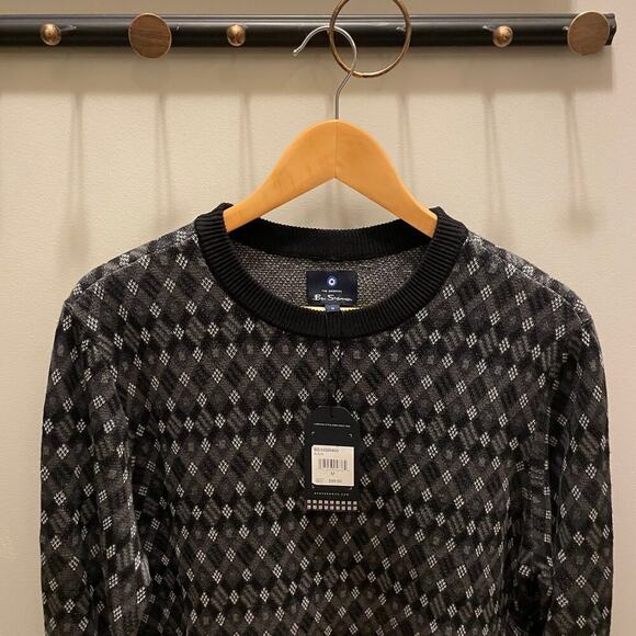 Ben Sherman Cotton Blend Black Diamond Knit Crewneck Sweater – Mens M, NWT NEW - Picture 7 of 7